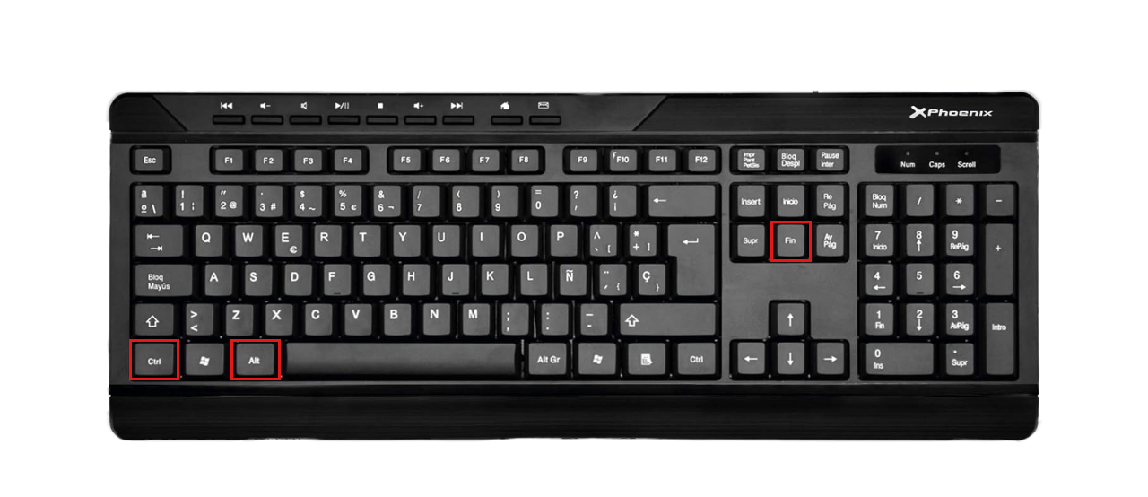 Imagen de un teclado con las teclas que se tienen que pulsar marcadas en rojo.