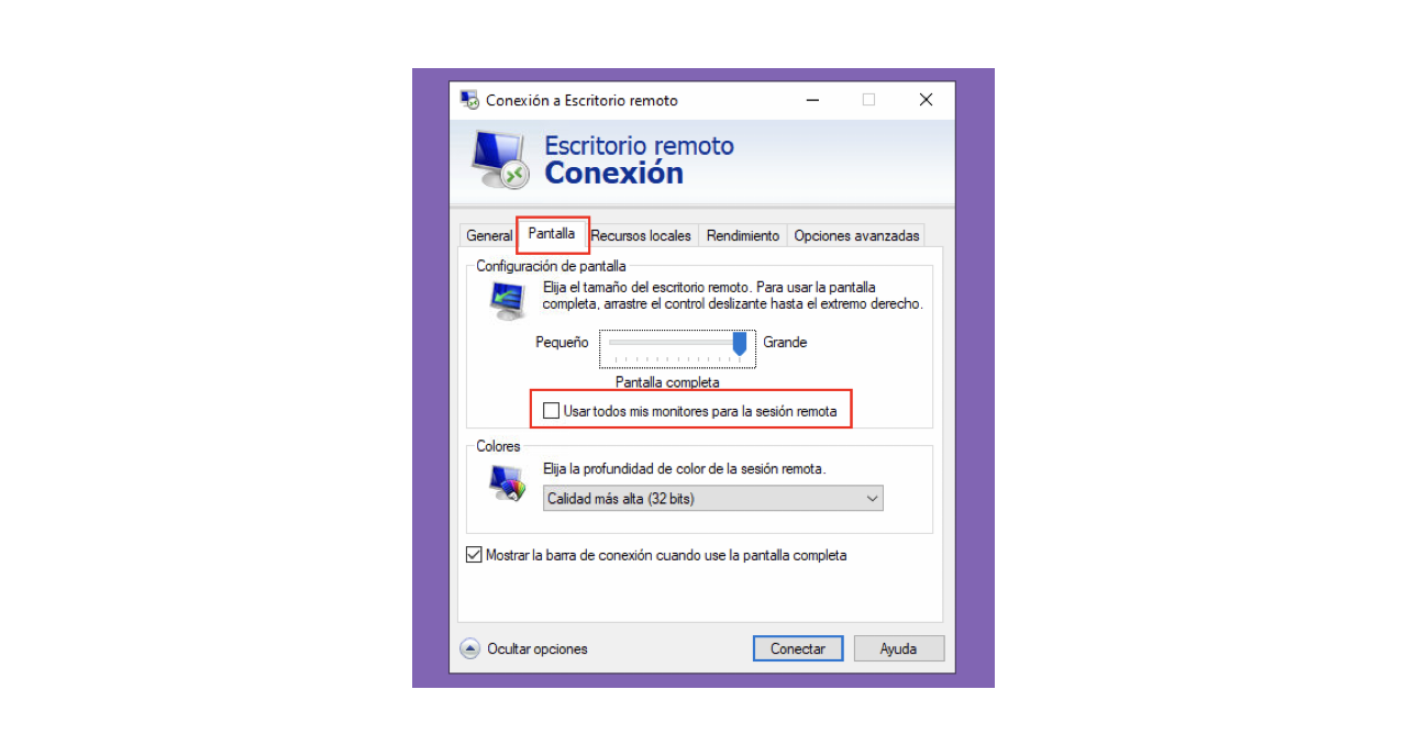 Imagen de la Conexión a Escritorio remoto.